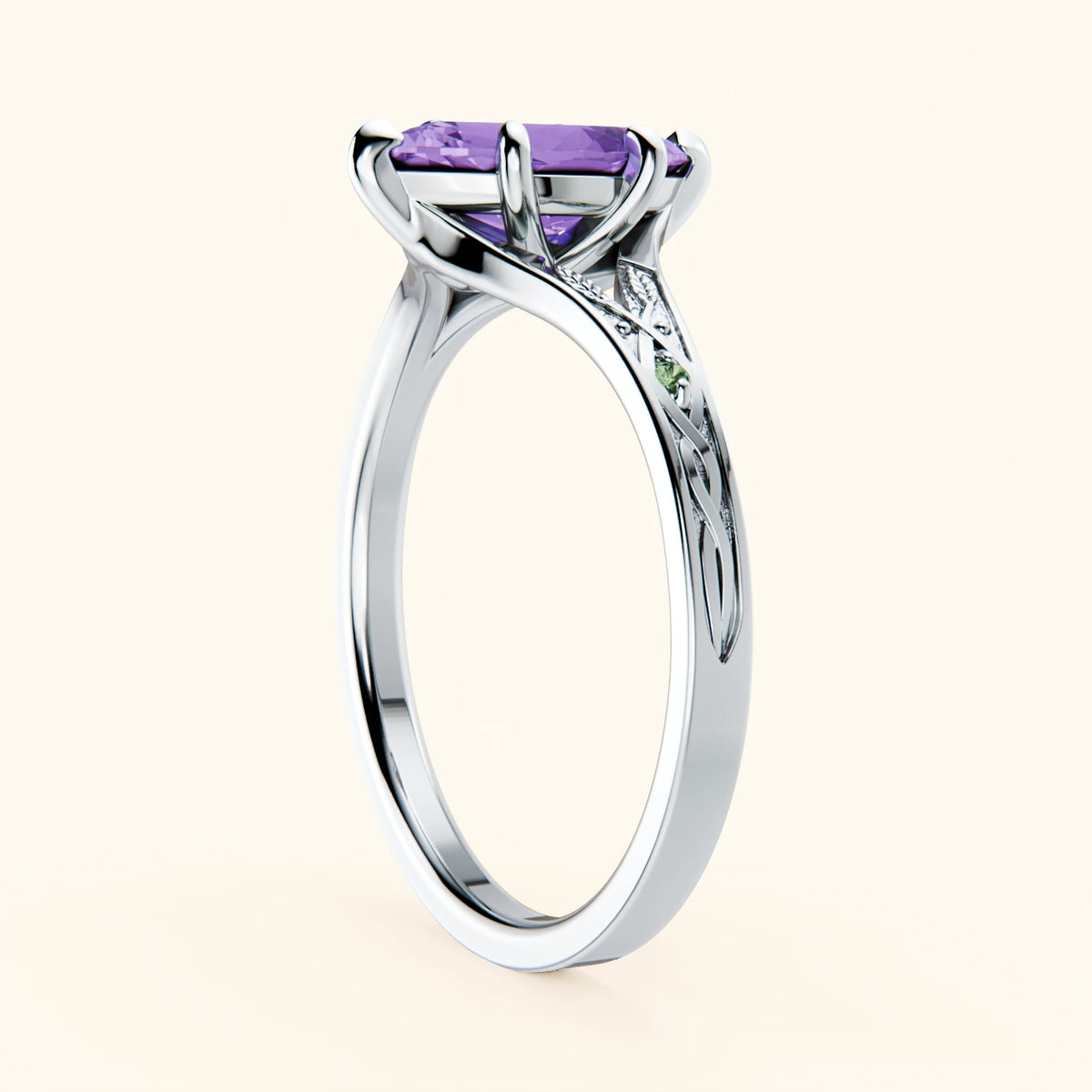 Engagement Ring Voile - 0.80ct Amethyst with Lab Green Diamond Side Stones