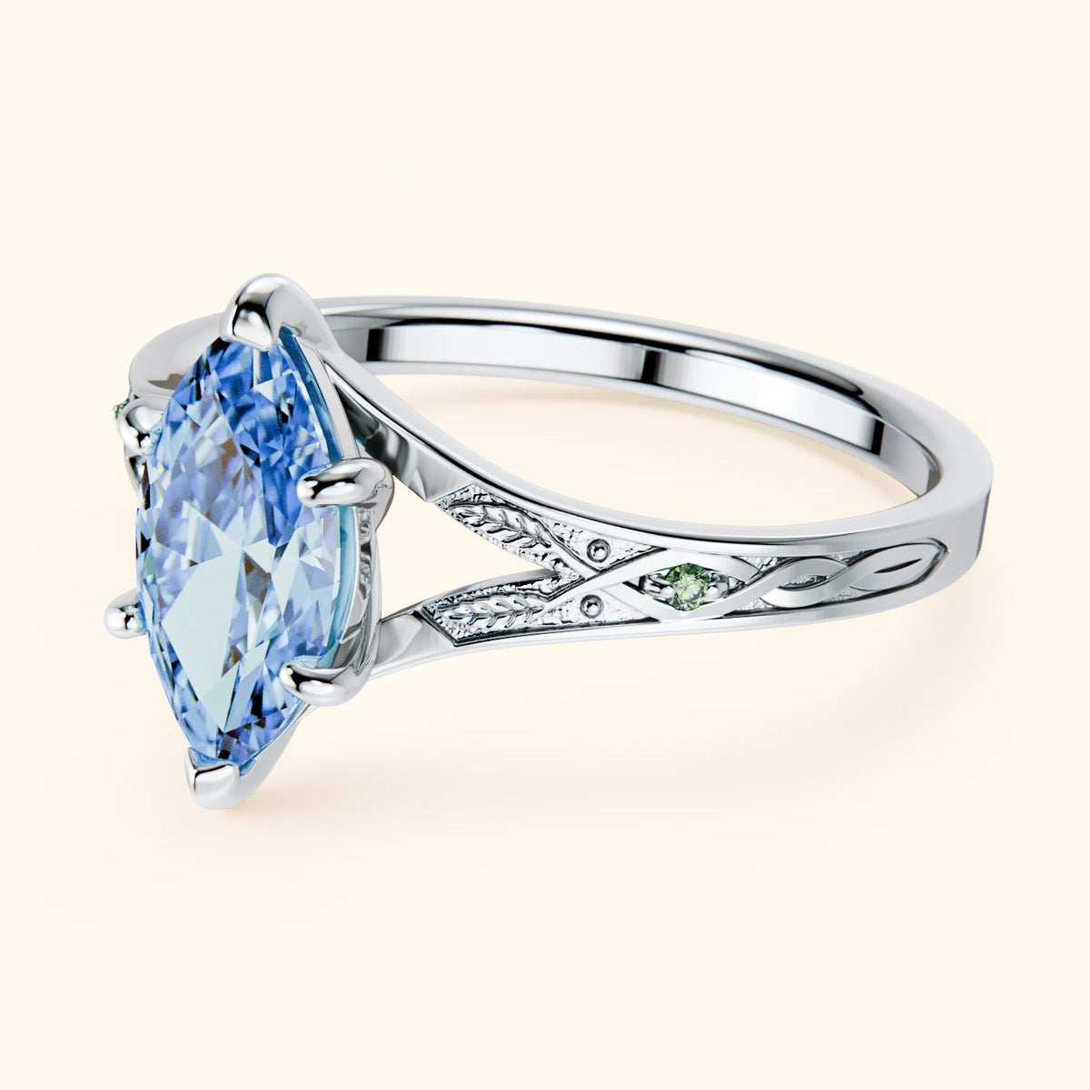 Engagement Ring Voile - 1ct Lab Blue Diamond with Lab Green Diamond Side Stones