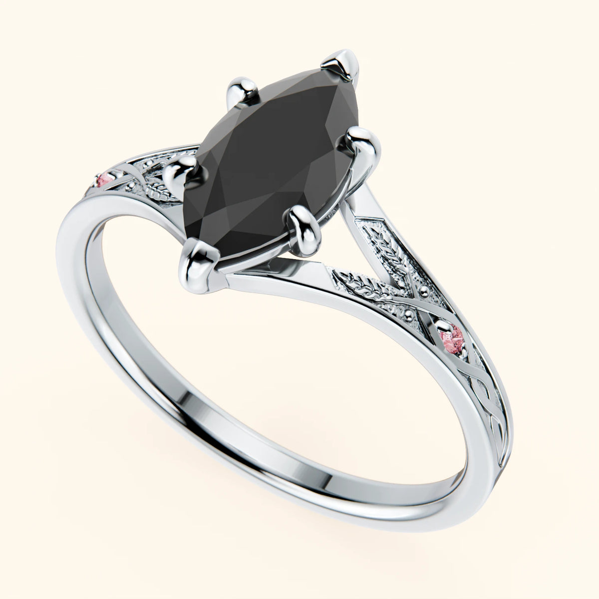 Engagement Ring Voile - 1ct Black Diamond with Lab Pink Diamond Side Stones