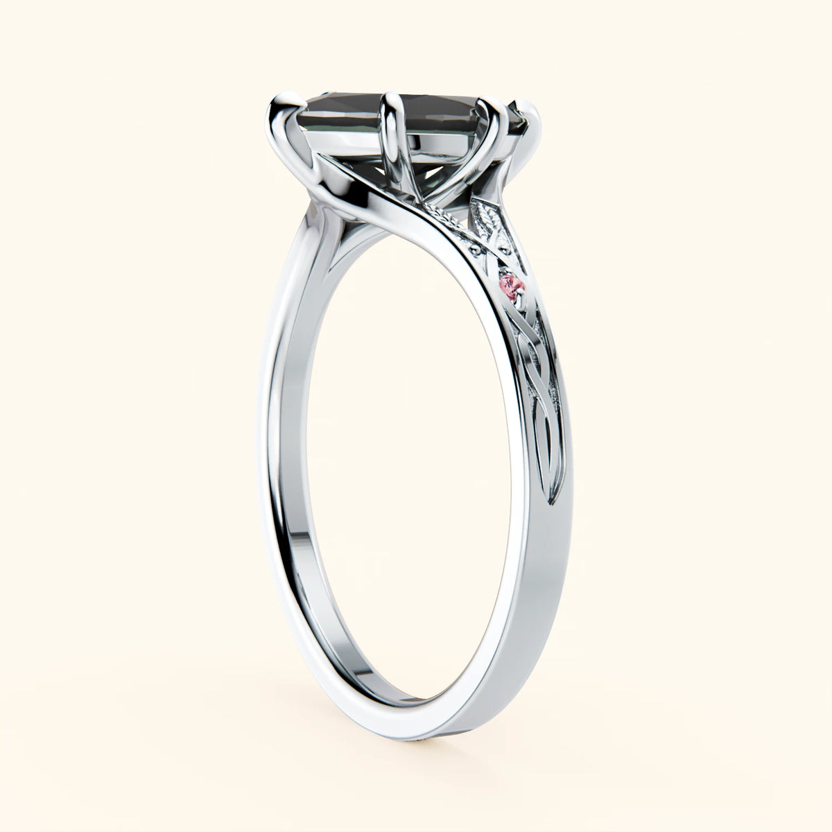 Engagement Ring Voile - 1ct Black Diamond with Lab Pink Diamond Side Stones