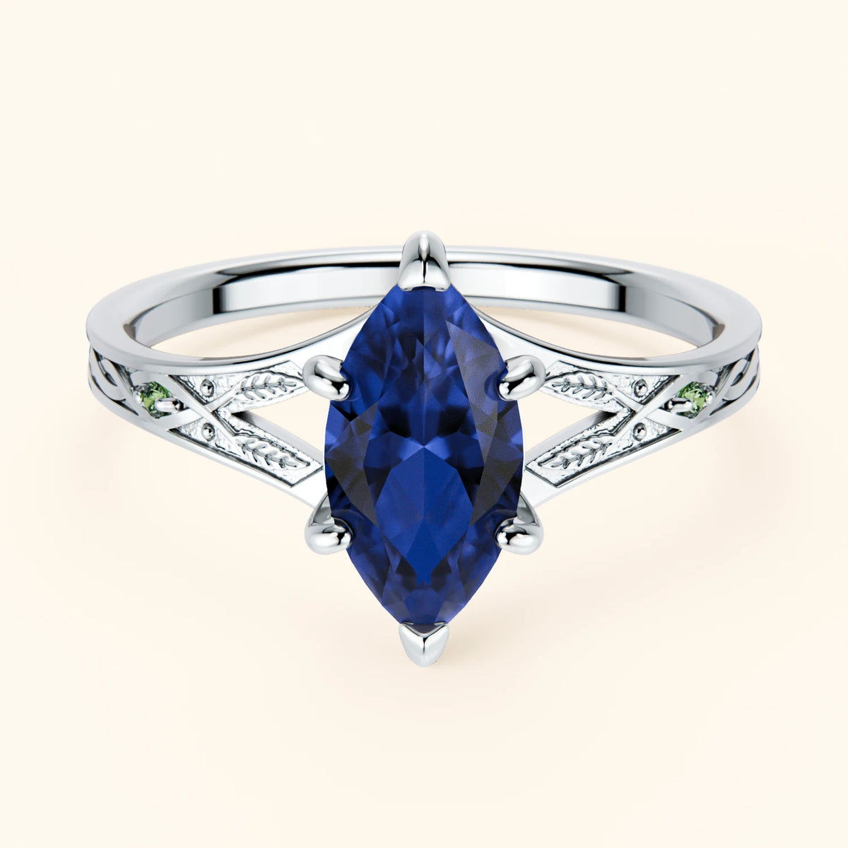 Engagement Ring Voile - 1.35ct Natural Blue Sapphire with Lab Green Diamond Side Stones