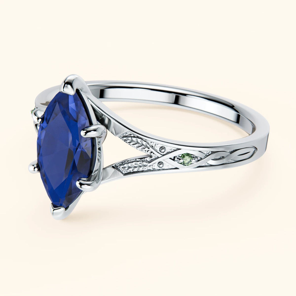 Engagement Ring Voile - 1.35ct Natural Blue Sapphire with Lab Green Diamond Side Stones
