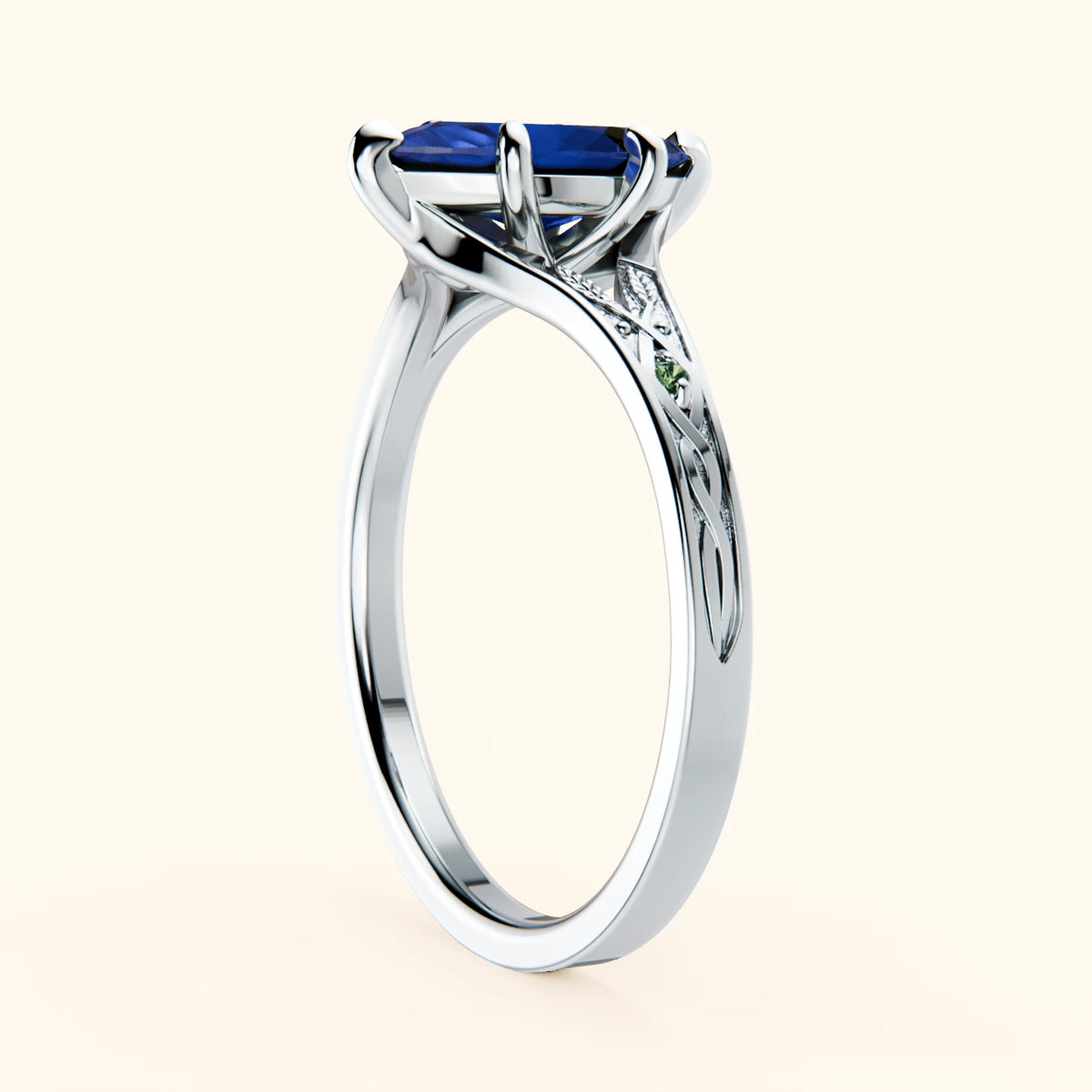 Engagement Ring Voile - 1.35ct Natural Blue Sapphire with Lab Green Diamond Side Stones