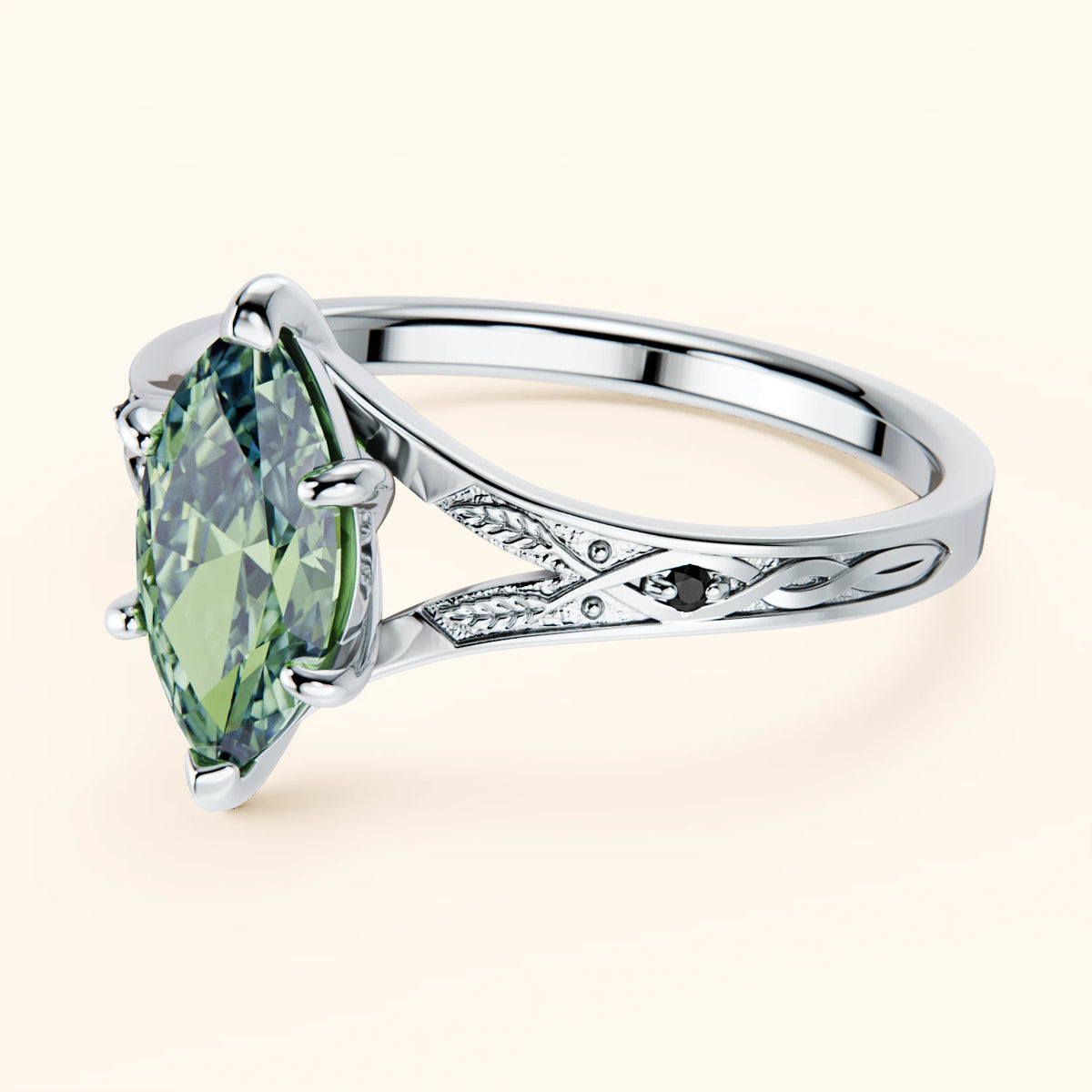 Engagement Ring Voile - 1ct Lab Green Diamond with Black Diamond Side Stones