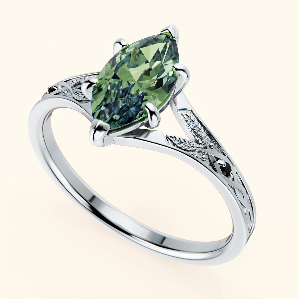 Engagement Ring Voile - 1ct Lab Green Diamond with Black Diamond Side Stones