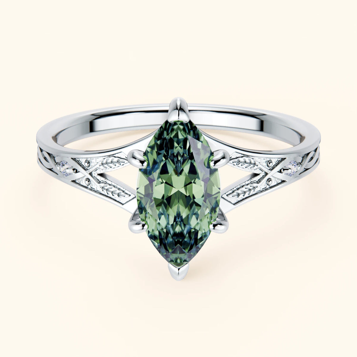 Engagement Ring Voile - 1ct Lab Green Diamond with Natural Diamond Side Stones