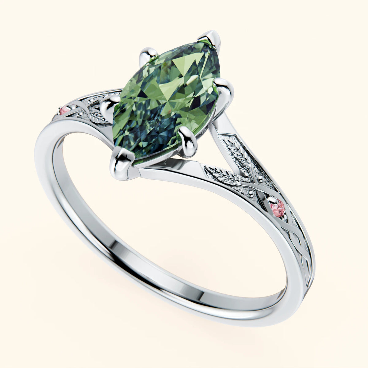 Engagement Ring Voile - 1ct Lab Green Diamond with Lab Pink Diamond Side Stones