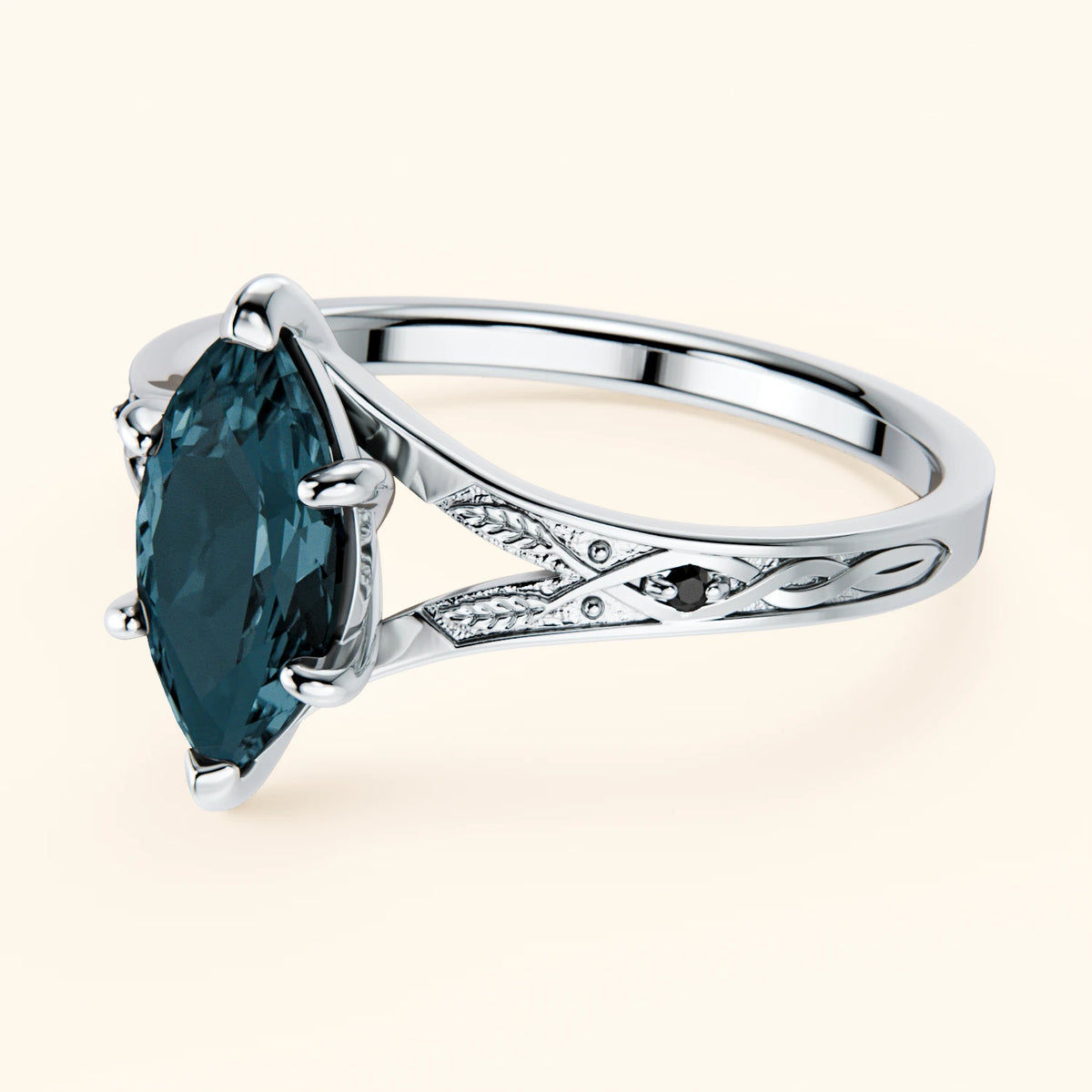 Pierścionek zaręczynowy Voile – Topaz London Blue 1,00 ct, kamienie boczne: czarny diament