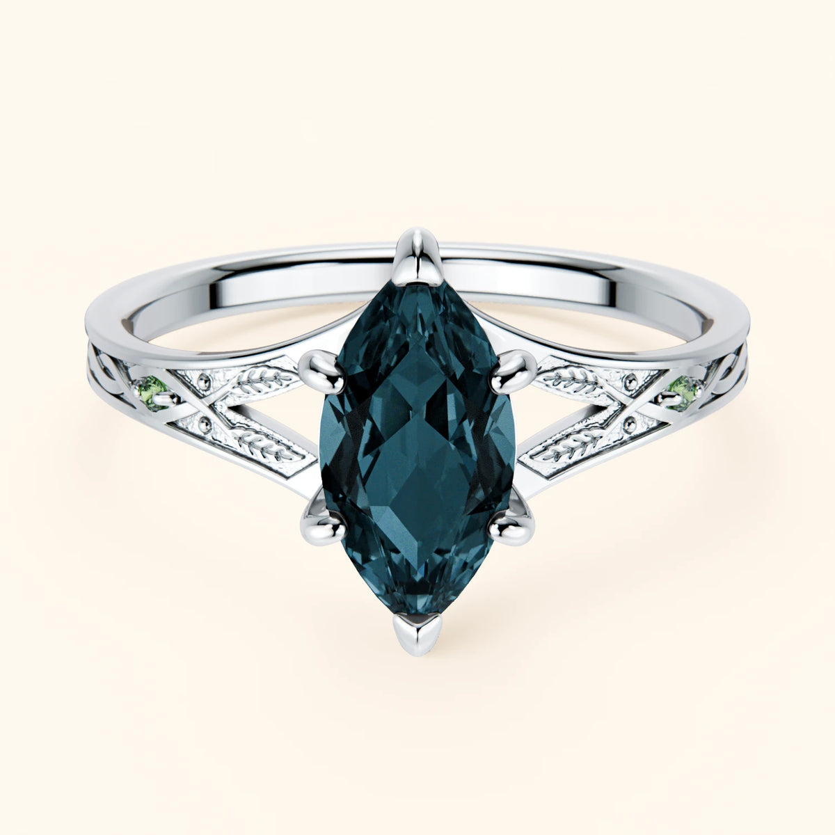 Pierścionek zaręczynowy Voile – Topaz London Blue 1,00 ct, kamienie boczne: zielony diament laboratoryjny