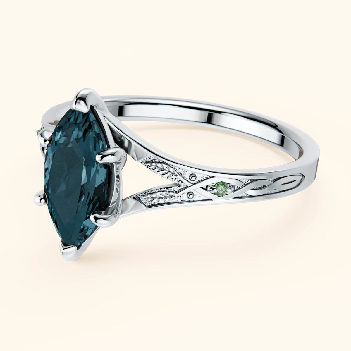 Pierścionek zaręczynowy Voile – Topaz London Blue 1,00 ct, kamienie boczne: zielony diament laboratoryjny