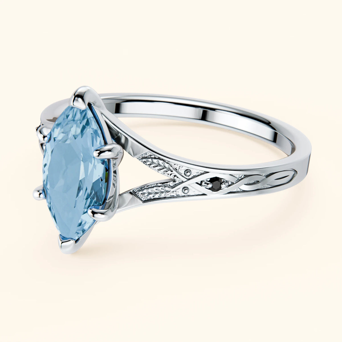 Engagement Ring Voile - 1.00ct Swiss Blue Topaz with Black Diamond Side Stones