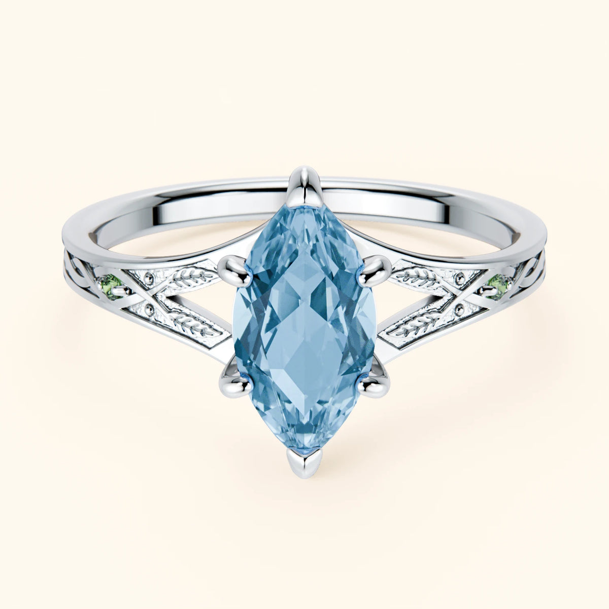 Engagement Ring Voile - 1.00ct Swiss Blue Topaz with Lab Green Diamond Side Stones