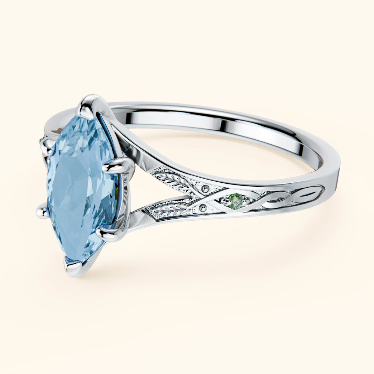 Engagement Ring Voile - 1.00ct Swiss Blue Topaz with Lab Green Diamond Side Stones
