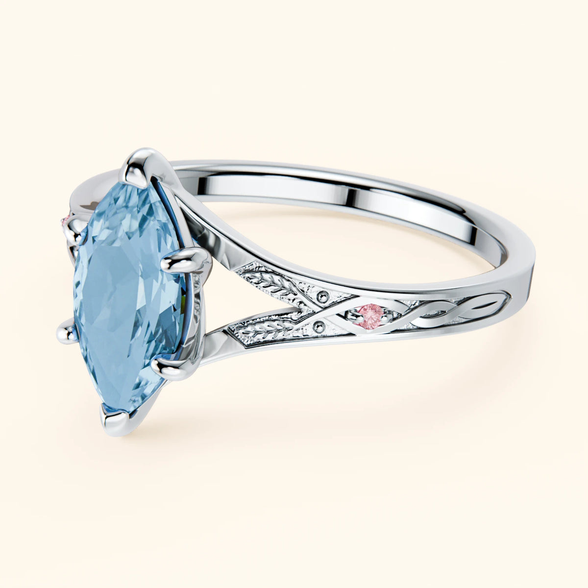 Engagement Ring Voile - 1.00ct Swiss Blue Topaz with Lab Pink Diamond Side Stones